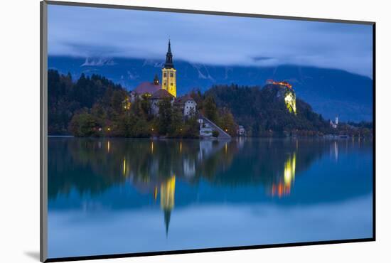 Bled Island with the Church of the Assumption and Bled Castle Illuminated at Dusk, Lake Bled-Doug Pearson-Mounted Photographic Print