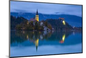 Bled Island with the Church of the Assumption and Bled Castle Illuminated at Dusk, Lake Bled-Doug Pearson-Mounted Photographic Print