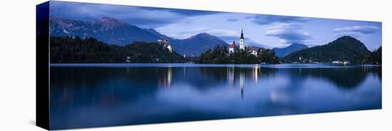 Bled Island with the Church of the Assumption at dusk, Lake Bled, Upper Carniola, Slovenia-Panoramic Images-Stretched Canvas