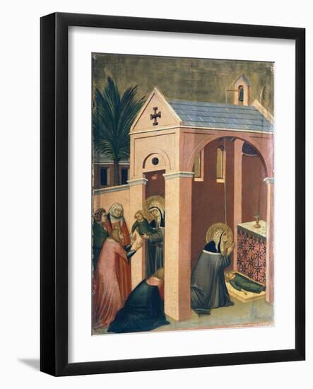 Blessed Resuscitates Son of Gentleman, Tile from Altarpiece of Blessed Humility-Pietro Lorenzetti-Framed Giclee Print