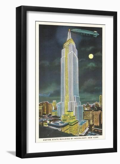 Blimp, Moon over Empire State Building, New York City-null-Framed Art Print