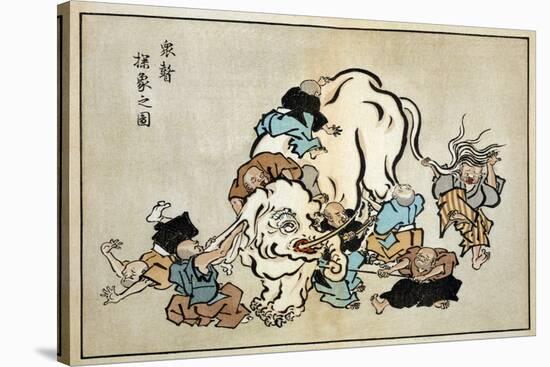 Blind Monks Examining an Elephant, Japanese Wood-Cut Print-Lantern Press-Stretched Canvas