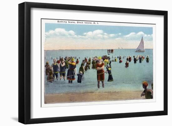 Block Island, Rhode Island - Bathers at the Beach-Lantern Press-Framed Art Print