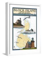 Block Island, Rhode Island - Nautical Chart with Ferry-Lantern Press-Framed Art Print