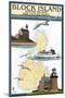 Block Island, Rhode Island - Nautical Chart with Ferry-Lantern Press-Mounted Art Print