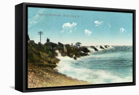 Block Island, Rhode Island - View of the Surf and Breakwater-Lantern Press-Framed Stretched Canvas