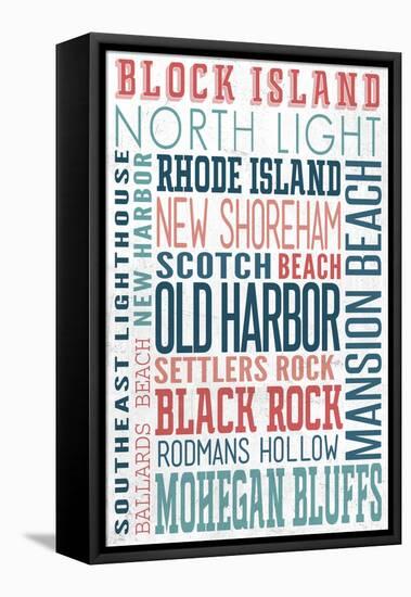 Block Island - Typography - New Colors-Lantern Press-Framed Stretched Canvas