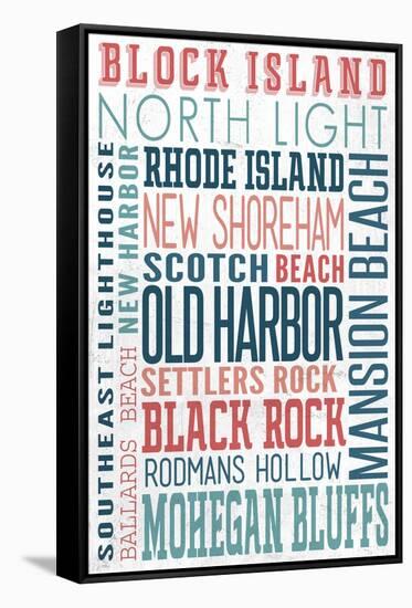 Block Island - Typography - New Colors-Lantern Press-Framed Stretched Canvas