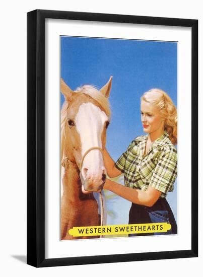 Blonde Cowgirl with Palomino-null-Framed Art Print