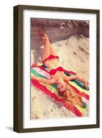 Blonde in Bikini on Beach Towel-null-Framed Art Print