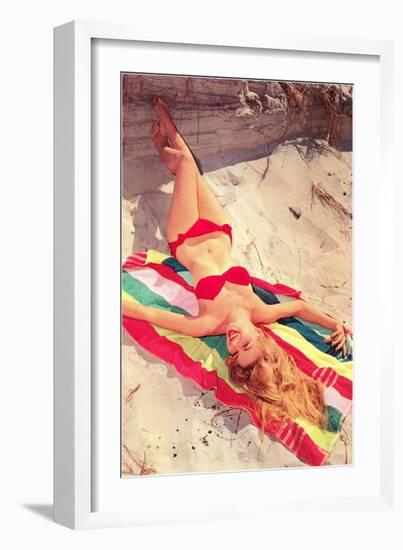 Blonde in Bikini on Beach Towel-null-Framed Art Print