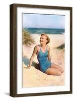 Blonde in Blue One-Piece in Dunes-null-Framed Art Print