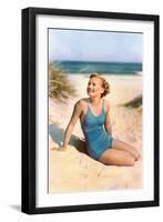 Blonde in Blue One-Piece in Dunes-null-Framed Art Print