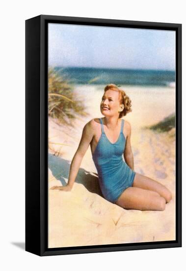 Blonde in Blue One-Piece in Dunes-null-Framed Stretched Canvas