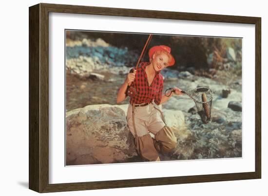 Blonde Lady Fishing-null-Framed Art Print