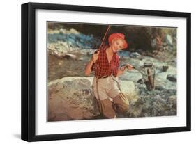 Blonde Lady Fishing-null-Framed Art Print