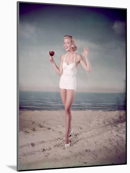 Blonde Pin-Up on Beach-Charles Woof-Mounted Photographic Print