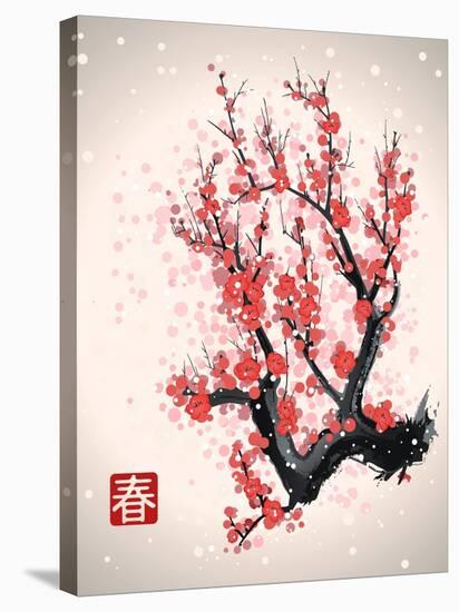 Blooming Flowers on the Tree Branch. Vector Image in Japanese Style. (Character Means Spring )-Yevhen Tarnavskyi-Stretched Canvas