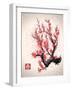 Blooming Flowers on the Tree Branch. Vector Image in Japanese Style. (Character Means Spring )-Yevhen Tarnavskyi-Framed Art Print