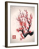Blooming Flowers on the Tree Branch. Vector Image in Japanese Style. (Character Means Spring )-Yevhen Tarnavskyi-Framed Art Print
