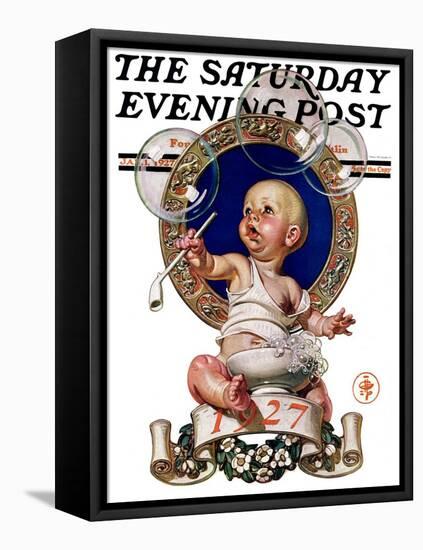 "Blowing Bubbles," Saturday Evening Post Cover, January 1, 1927-Joseph Christian Leyendecker-Framed Stretched Canvas