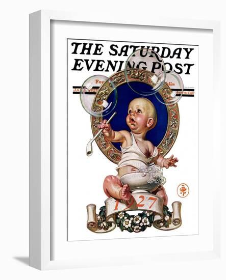 "Blowing Bubbles," Saturday Evening Post Cover, January 1, 1927-Joseph Christian Leyendecker-Framed Giclee Print