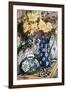 Blue Against Blue - Chrysanthemums and Blue Enamel Jug on an Italian Tile-Joan Thewsey-Framed Giclee Print
