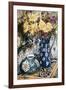 Blue Against Blue - Chrysanthemums and Blue Enamel Jug on an Italian Tile-Joan Thewsey-Framed Giclee Print