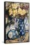 Blue Against Blue - Chrysanthemums and Blue Enamel Jug on an Italian Tile-Joan Thewsey-Framed Stretched Canvas