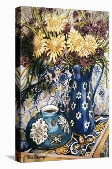 Blue Against Blue - Chrysanthemums and Blue Enamel Jug on an Italian Tile-Joan Thewsey-Stretched Canvas