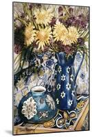 Blue Against Blue - Chrysanthemums and Blue Enamel Jug on an Italian Tile-Joan Thewsey-Mounted Giclee Print