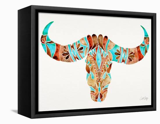 Blue and Brown Water Buffalo Skull-Cat Coquillette-Framed Stretched Canvas