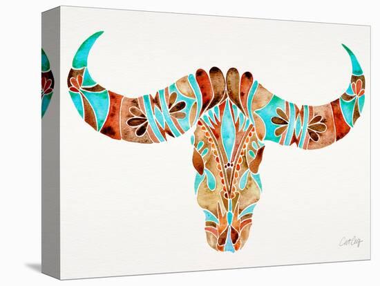 Blue and Brown Water Buffalo Skull-Cat Coquillette-Stretched Canvas