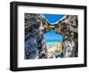 Blue and turquoise Sargasso Sea, glimpsed through an arch in the island's distinctive rocks-Barry Davis-Framed Photographic Print