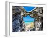 Blue and turquoise Sargasso Sea, glimpsed through an arch in the island's distinctive rocks-Barry Davis-Framed Photographic Print