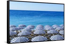 Blue and white beach parasols, Nice, Alpes Maritimes, Cote d'Azur, Provence, France, Mediterranean,-Fraser Hall-Framed Stretched Canvas