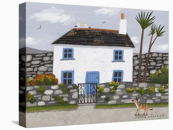 Blue and White House, Whippet and Gulls-Sophie Harding-Stretched Canvas