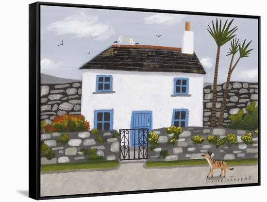 Blue and White House, Whippet and Gulls-Sophie Harding-Framed Stretched Canvas