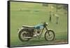 Blue and White Motorcycle at the Golf Course-null-Framed Stretched Canvas