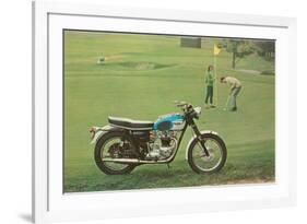 Blue and White Motorcycle at the Golf Course-null-Framed Premium Giclee Print