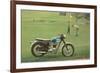 Blue and White Motorcycle at the Golf Course-null-Framed Premium Giclee Print