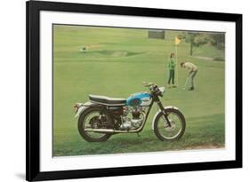 Blue and White Motorcycle at the Golf Course-null-Framed Premium Giclee Print