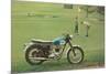 Blue and White Motorcycle at the Golf Course-null-Mounted Premium Giclee Print