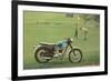 Blue and White Motorcycle at the Golf Course-null-Framed Art Print