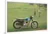 Blue and White Motorcycle at the Golf Course-null-Framed Art Print