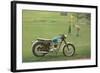 Blue and White Motorcycle at the Golf Course-null-Framed Art Print