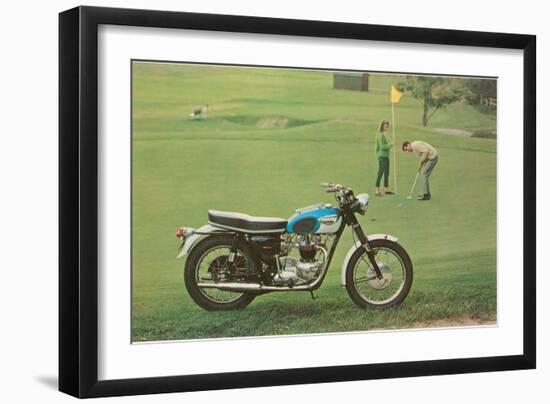 Blue and White Motorcycle at the Golf Course-null-Framed Art Print