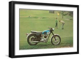 Blue and White Motorcycle at the Golf Course-null-Framed Art Print