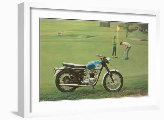 Blue and White Motorcycle at the Golf Course-null-Framed Art Print