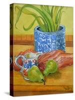 Blue and White Pot, Jug and Pears-Joan Thewsey-Stretched Canvas